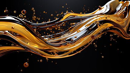 Golden Liquid Oil Splashing Over on Black Background