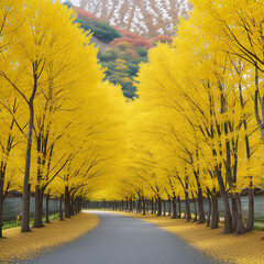 Row of yellow ginkgo trees 