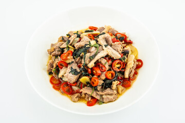 Stir-fried mutton with perilla on a white background