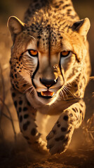 A Large Adult Male Cheetah Running Through Africa Jungle Selective Focus Background