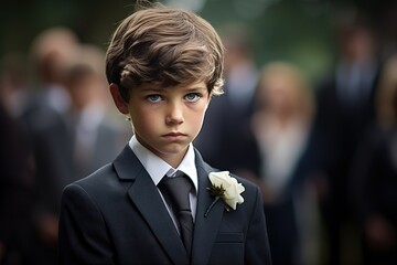 Portrait of a boy in a black suit with a funeral bouquet of flowers - obrazy, fototapety, plakaty