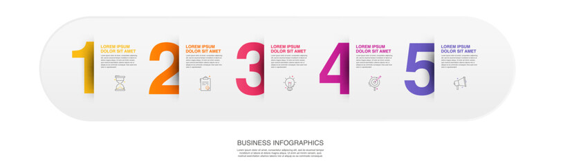 Timeline infographic design with numbers. Infographics for business concepts with five options. Used for info graph, process diagram, presentations workflow, flow chart, banner, diagram, report.