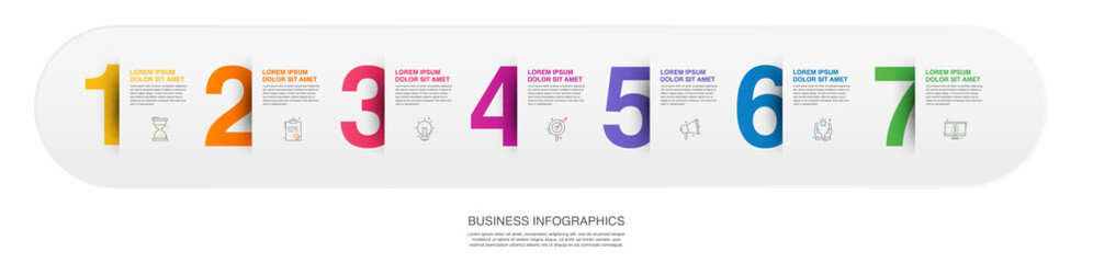 Timeline infographic design with numbers. Infographics for business concepts with seven options. Used for info graph, process diagram, presentations workflow layout, flow chart, banner, annual report.