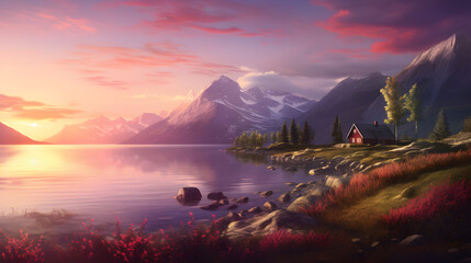 Beautiful landscape with lake and mountain at sunset