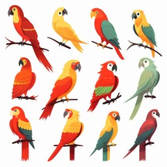 Fototapeta premium Flat design vector parrots icon set. Popular parrots species collection. Exotic parrots set in flat design. Vector illustration
