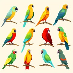 Flat design vector parrots icon set. Popular parrots species collection. Exotic parrots set in flat design. Vector illustration