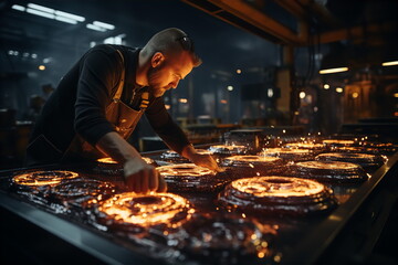 Man contractor in uniform working at metalworking plant. Engineering factory concept. AI generated