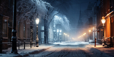 a city street covered with snow at christmas night - obrazy, fototapety, plakaty