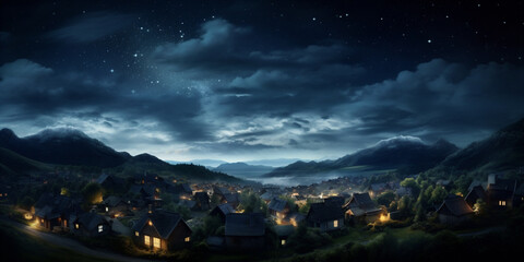 a town at night with a small houses under the stars - obrazy, fototapety, plakaty