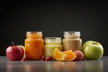 Baby Food Jars and Fruits on Dark Background