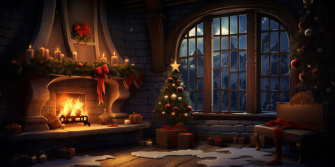 Fototapeta premium christmas night scene with fireplace in secluded
