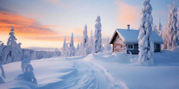 Small Cabin Is Covered In Snow During The Christmas