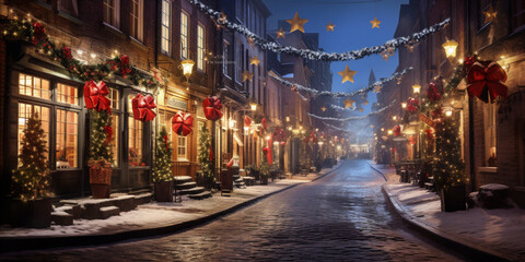 Fototapeta na wymiar the cobble stone street is decorated with christmas