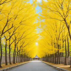 Row of yellow ginkgo trees 