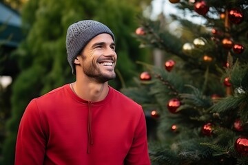 Portrait of a handsome young man in a red sweater and hat standing next to a Christmas tree