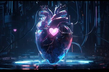 Futuristic metal heart in cyber laboratory