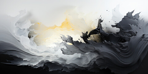 Yellow White and Black Liquid Smoke Splashing on White Abstract Backdrop