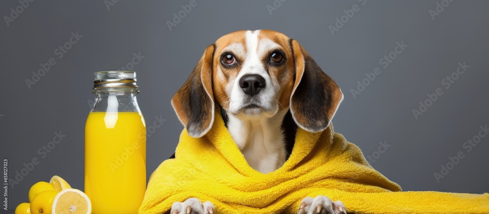 Sticker Groomed beagle dog wrapped in yellow towel on a gray background