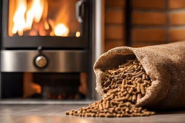 Close-up of quality wood pellets, modern stove, eco-friendly home heating. Generative AI - 658128209