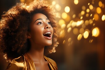 Woman gasping in awe against a shimmering gold background - Majestic surprise - AI Generated