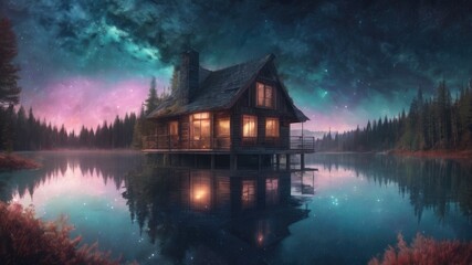 house on the lake created by AI.