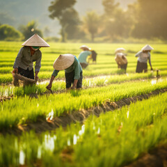 rice field with many workers harvest.