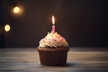 Chocolate Cupcake with whipped cream on the top decorated with Birthday Candle - obrazy, fototapety, plakaty