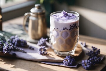 Obraz na płótnie Canvas Iced Lavender Coffee Latte on a wooden table