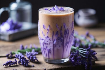 Iced Lavender Coffee Latte on a wooden table - obrazy, fototapety, plakaty