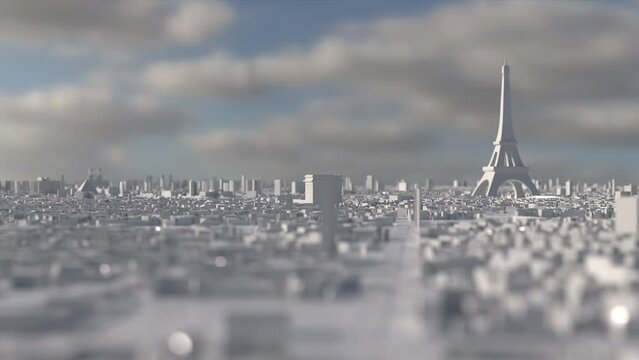 Paris as a white 3D model with Eiffel Tower, Arc de triompfe and notre dame in the distance. Depth spin camera.
