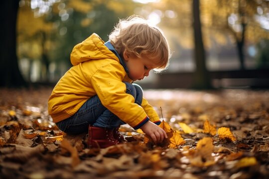 A young child is joyfully leaping through a pile of fallen leaves in a park