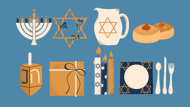 Set of Hanukkah symbols. Menorah, Star of David, sufganiyot, dreidel, table setting, jug. Vector hand draw illustration
