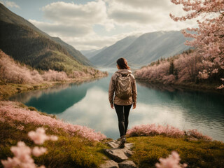 Fototapeta na wymiar woman hiking by the lake
