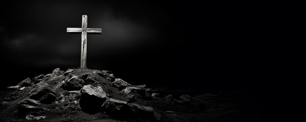Religious Christian banner of a black and white wooden cross on rock hilltop with copy space - obrazy, fototapety, plakaty