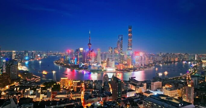 Aerial view of Shanghai city skyline at night. Creative videos without trademarks and advertisements
