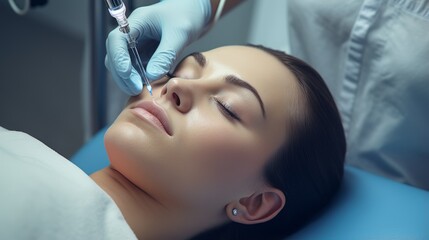 Cryosurgery. A young woman is lying on a couch in the doctor's office. Ice therapy for design and malignant lesions