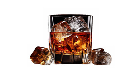 Whisky with ice cubes isolated on a transparent background. 