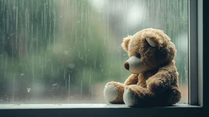 teddy bear on a rainy window - obrazy, fototapety, plakaty