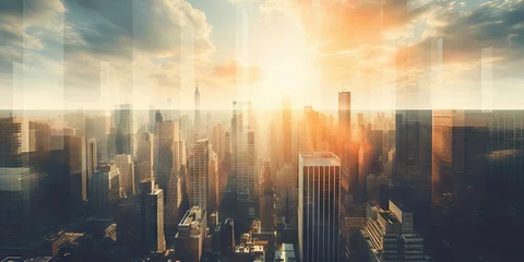 Deurstickers Modern skyline at sunrise. Urban majesty. Cityscape bathed in sunlight background. High above city streets. Morning glow. Urban sunrise over skyline © Thares2020