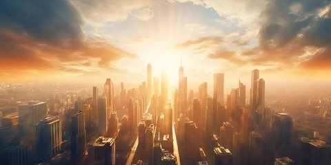 Foto op Aluminium Modern skyline at sunrise. Urban majesty. Cityscape bathed in sunlight background. High above city streets. Morning glow. Urban sunrise over skyline © Thares2020