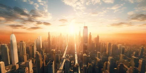 Poster Modern skyline at sunrise. Urban majesty. Cityscape bathed in sunlight background. High above city streets. Morning glow. Urban sunrise over skyline © Thares2020