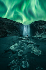 Aurora Borealis dancing over the frozen Skógafoss Waterfall in winter. A man with a lantern is...