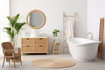 Boho style bathroom  interior with rattan furniture and greenery  filled with light - obrazy, fototapety, plakaty