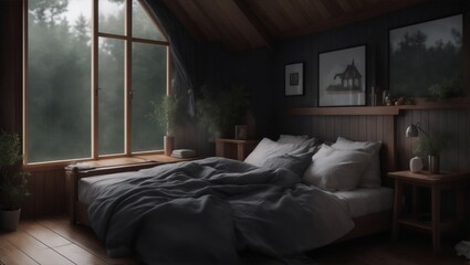 cozy cottage bedroom on a rainy day , 8 k , hyper realistic , comfortable , architecture photography , on a mountain