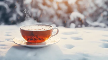 Schilderijen op glas Winter fragrant hot tea on a background of snow © Taisiia