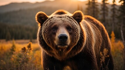 Majestic Grizzly Bear Bathed in the Warmth of the Setting Sun's Glow, Captured in its Natural Habitat