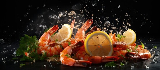 Delicious shrimp with seasoning being cooked prawns fried with lemon juice splashes in freeze motion on dark background