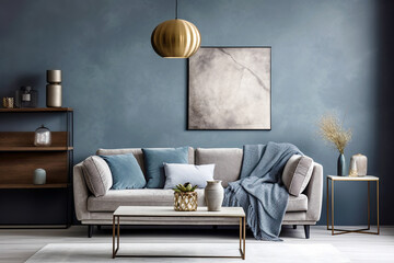 Grey sofa with blue pillows and blanket against stucco wall with frame poster. Scandinavian home interior design of modern living room.