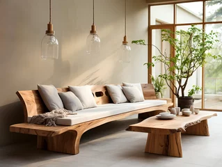 Foto op Aluminium Rustic live edge coffee table and wood log bench near stucco wall. Wabi-sabi, farmhouse, japanese style home interior design of modern living room. © Vadim Andrushchenko