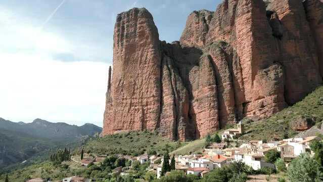 Aerial view of Mallos de Riglos, in Huesca, Spain